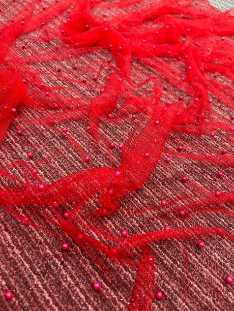 Beaded Pearl Tulle Mesh Red