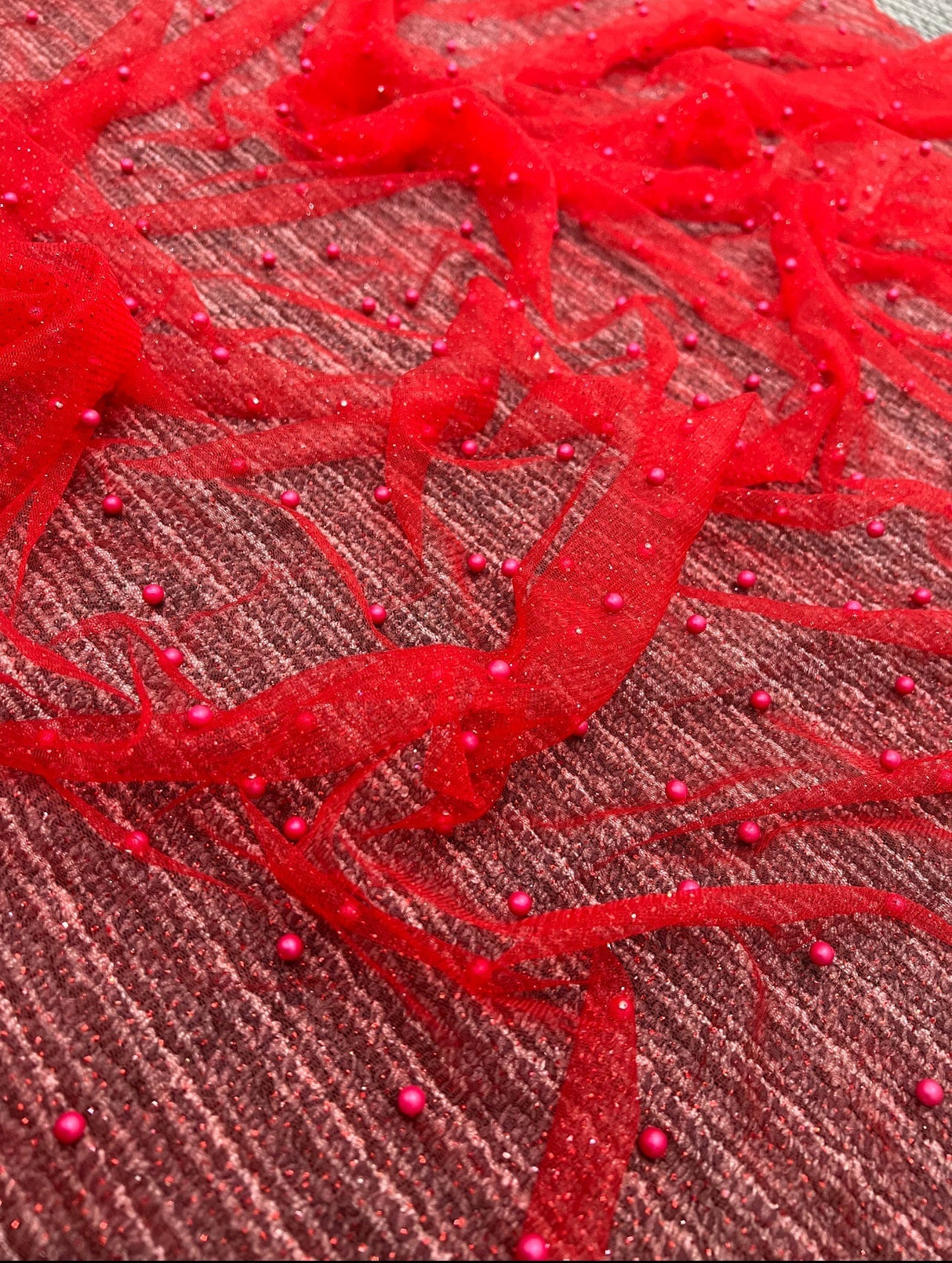 Beaded Pearl Tulle Mesh Red