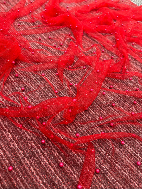 Beaded Pearl Tulle Mesh Red