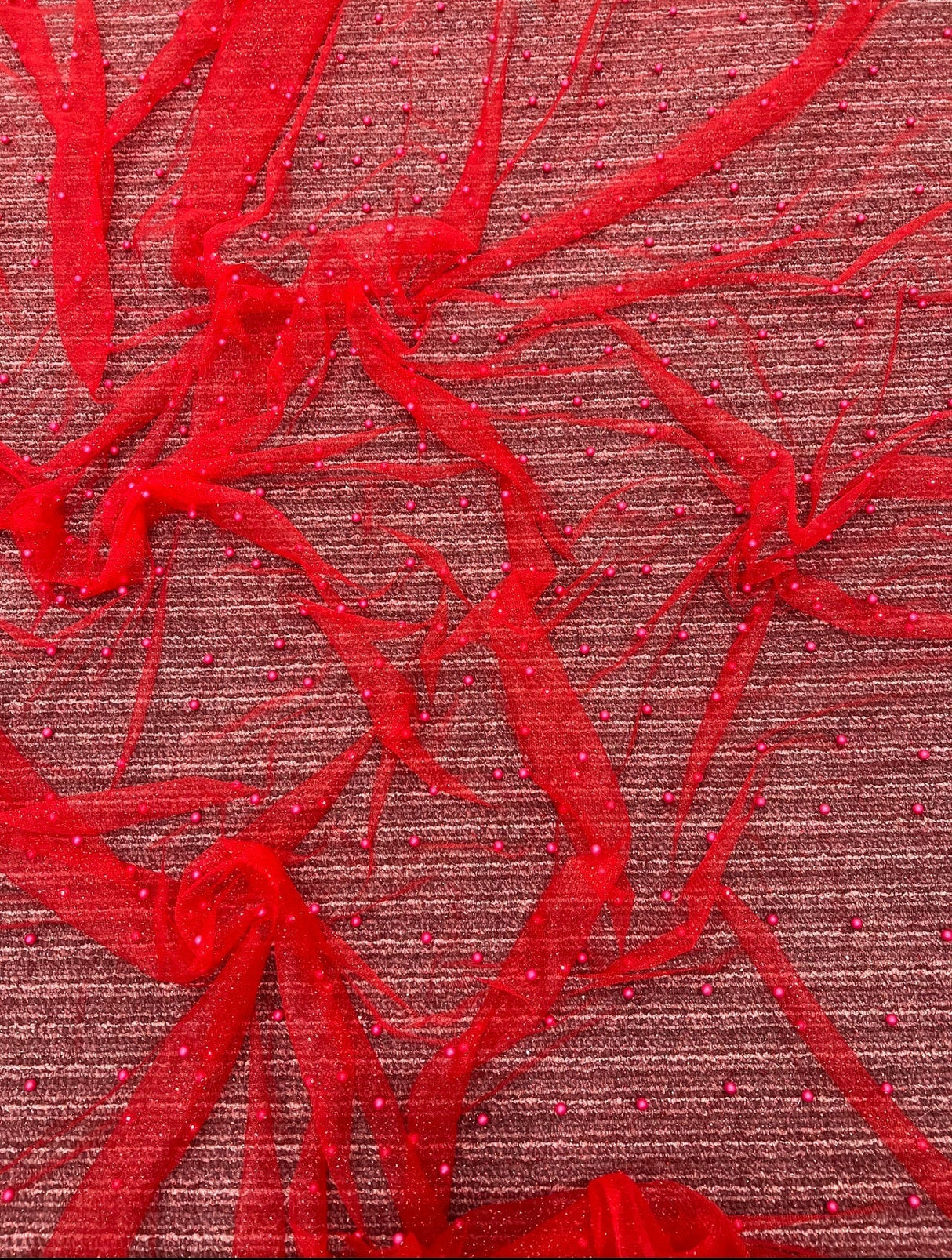 Beaded Pearl Tulle Mesh Red