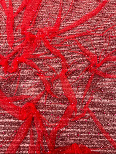 Beaded Pearl Tulle Mesh Red