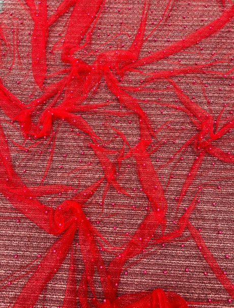 Beaded Pearl Tulle Mesh Red