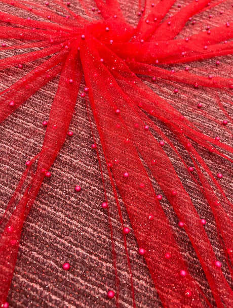 Beaded Pearl Tulle Mesh Red