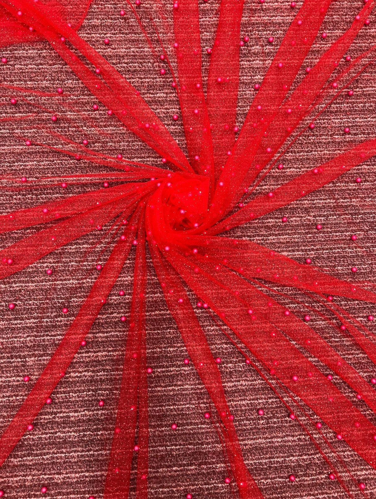 Beaded Pearl Tulle Mesh Red