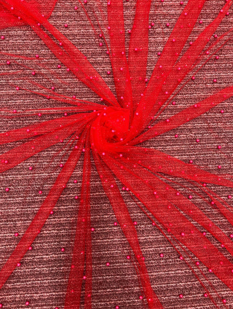 Beaded Pearl Tulle Mesh Red