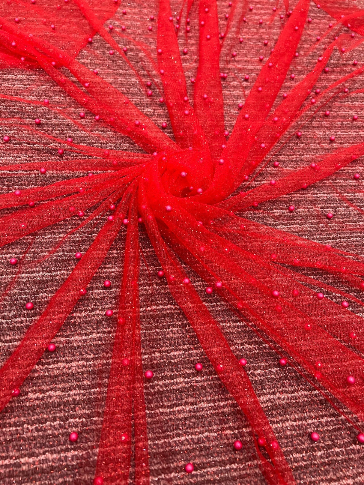 Beaded Pearl Tulle Mesh Red
