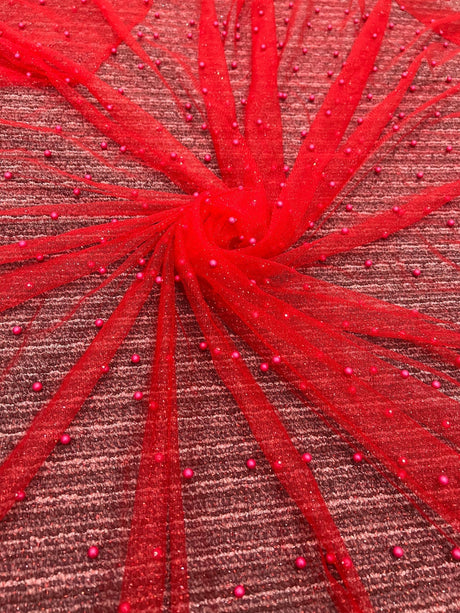 Beaded Pearl Tulle Mesh Red