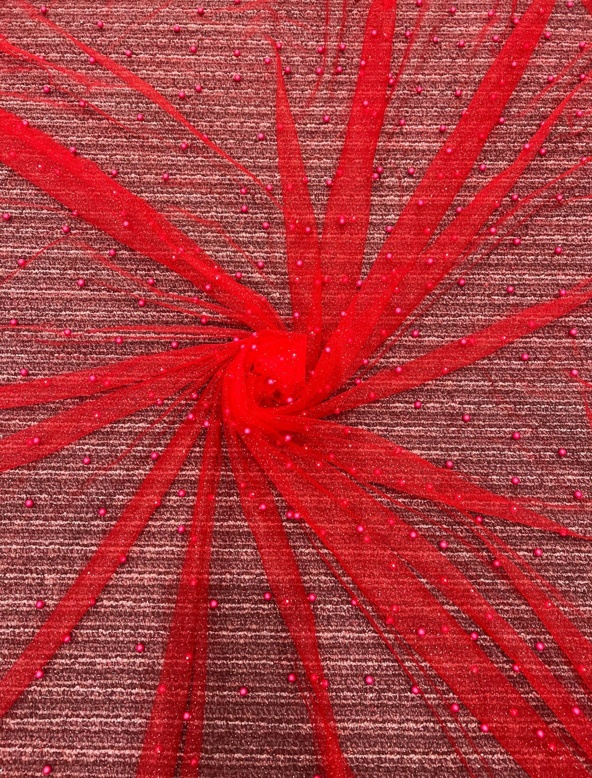 Beaded Pearl Tulle Mesh Red