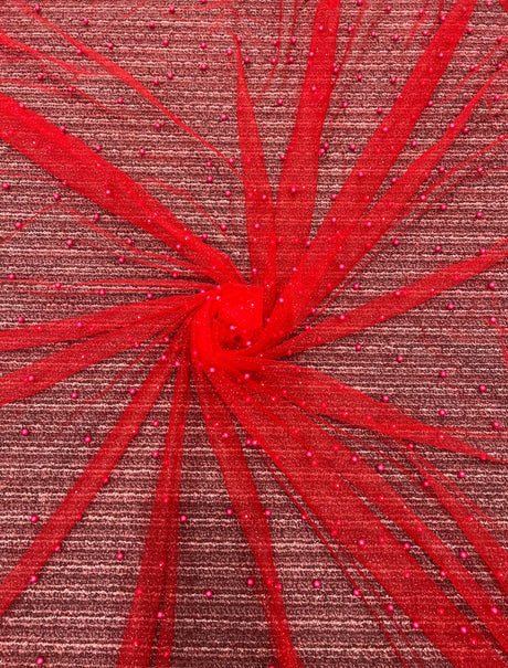 Beaded Pearl Tulle Mesh Red