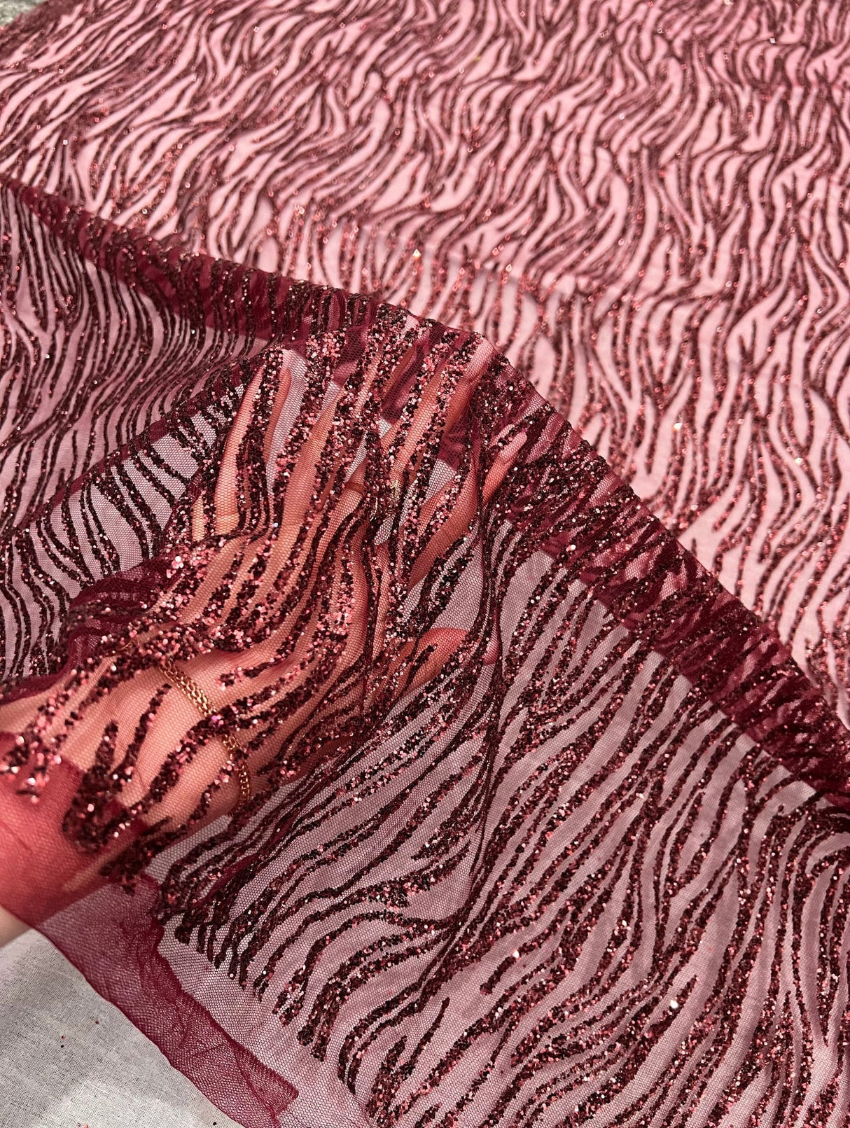 Glitter Lace on Mesh Burgundy
