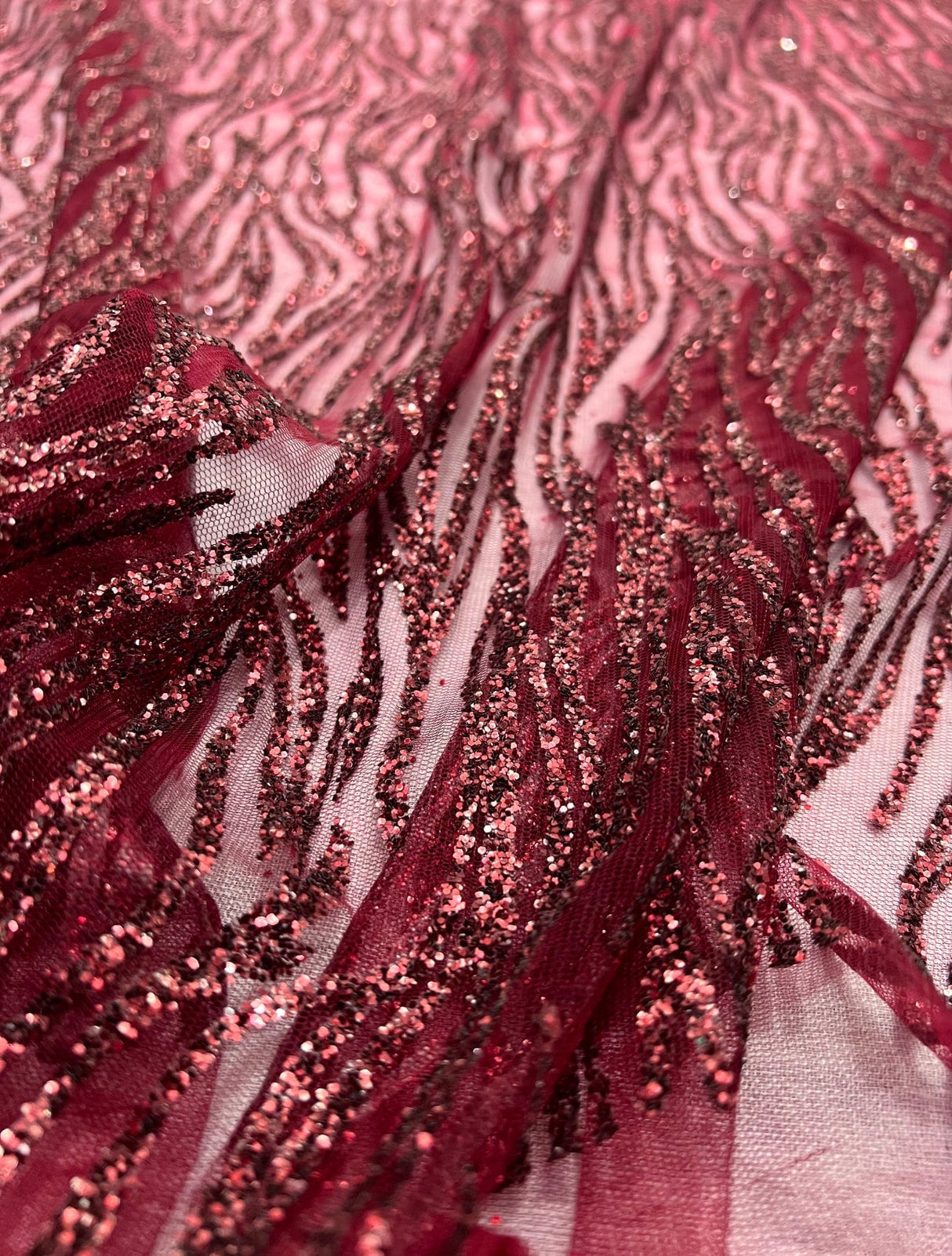 Glitter Lace on Mesh Burgundy