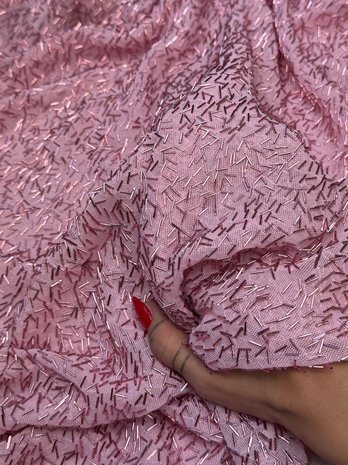 Stretch Bugle Beaded Mesh Blush Pink