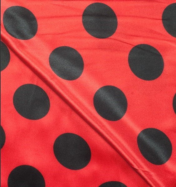 1/2″ half inch Black Polka Dot on Red Background Satin Fabric