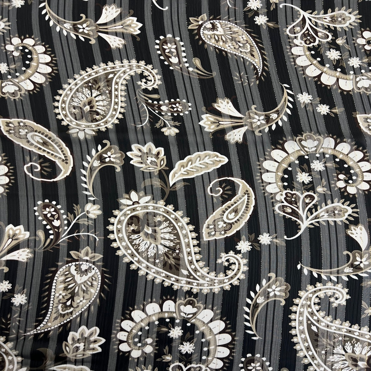 Paisley Print Metallic Stripe Chiffon Fabric - Aqua Paisley Print With Metallic Stripes, 57" Width (1 Yard)