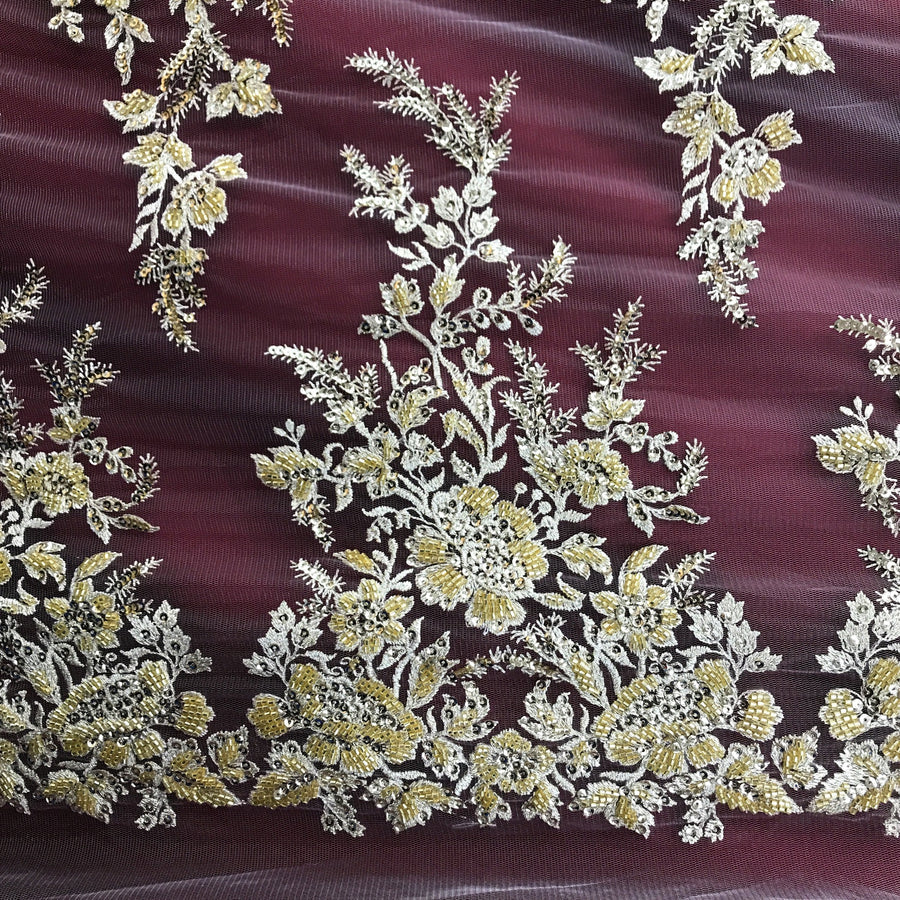 1 Yard Beaded & Sequined Lace Fabric Embroidered on 100% Polyester Net Mesh