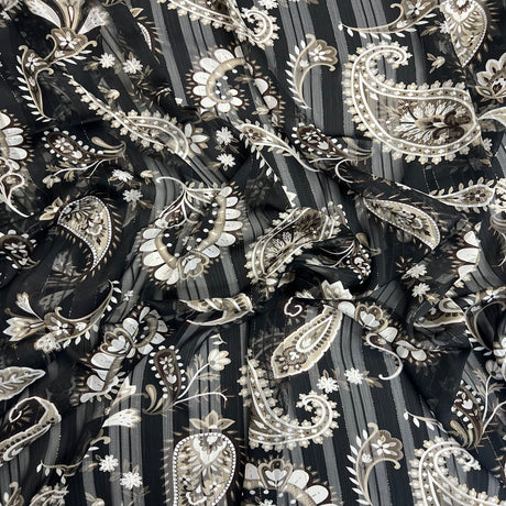 Chiffon Fabric Paisley Print Metallic Stripe