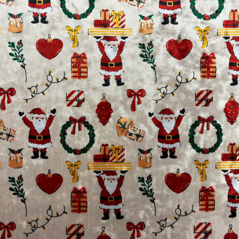 1 Yard Jolly Santa Printed Crushed Velvet 4?way Stretch Fabric Costumes Activewear Streetwear