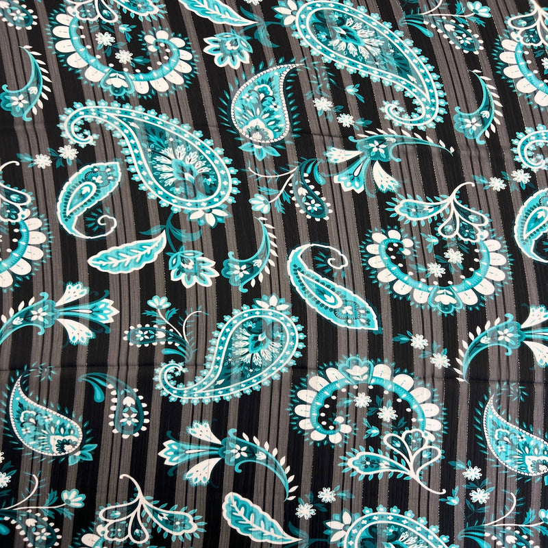 Paisley Print Metallic Stripe Chiffon Fabric - Aqua Paisley Print With Metallic Stripes, 57" Width (1 Yard)