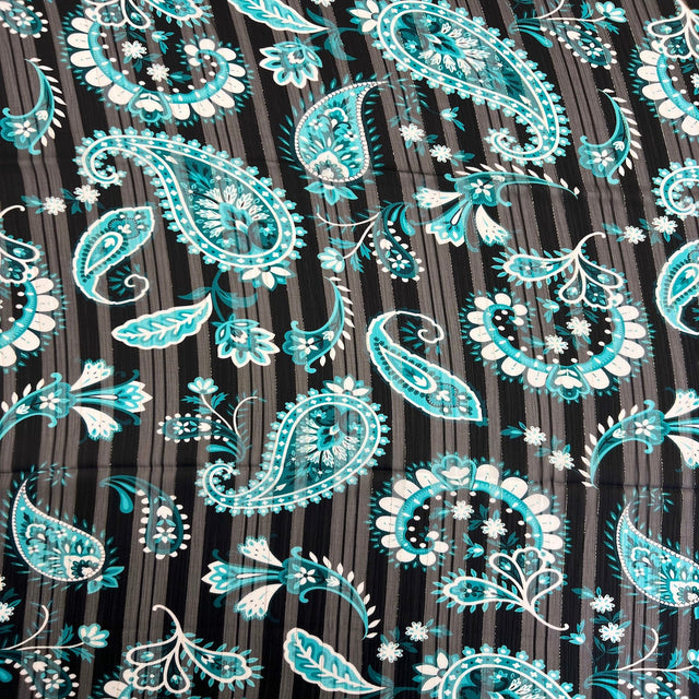 Paisley Print Metallic Stripe Chiffon Fabric - Aqua Paisley Print With Metallic Stripes, 57" Width (1 Yard)