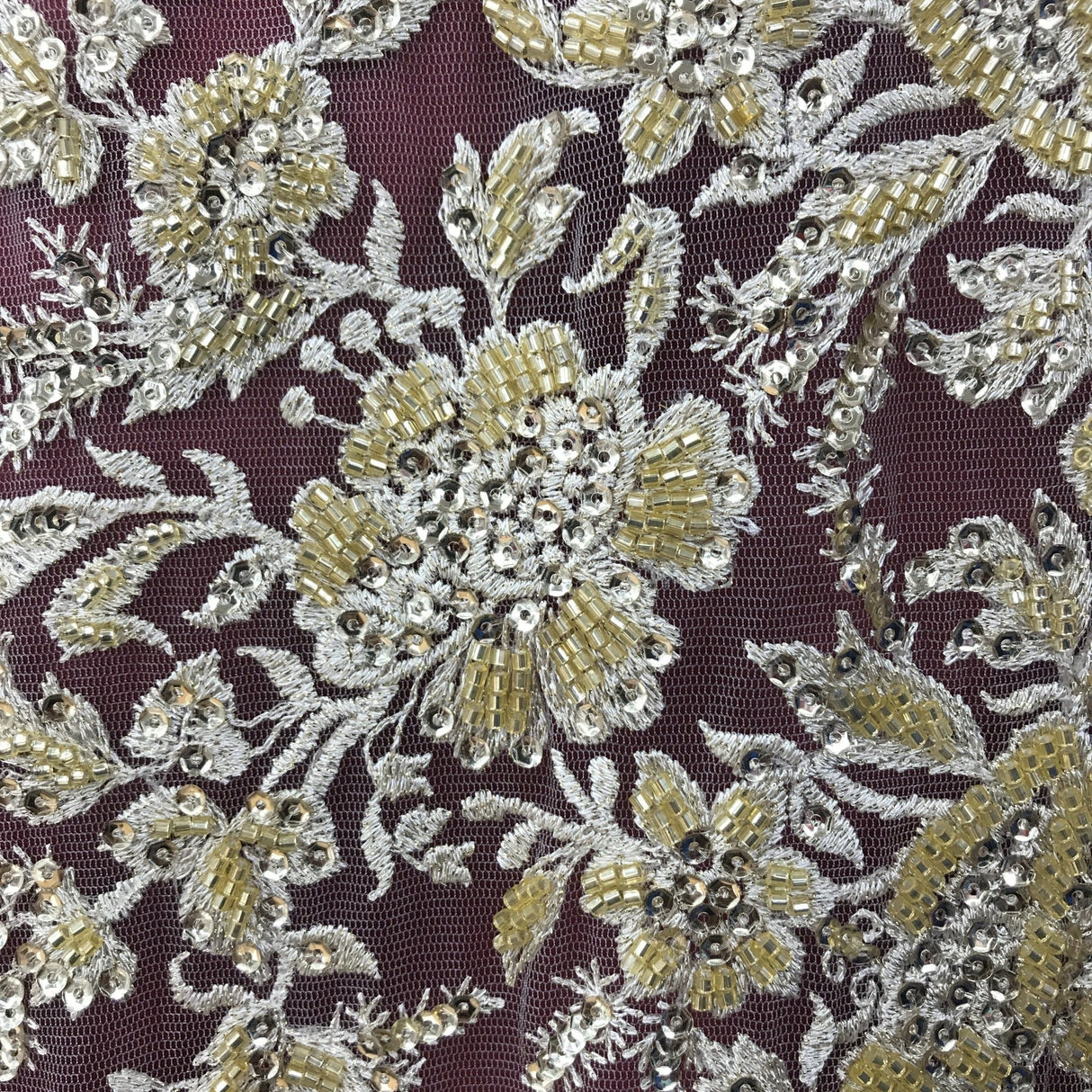 Beaded Sequined Lace Fabric 100% Polyester Net Mesh 52"