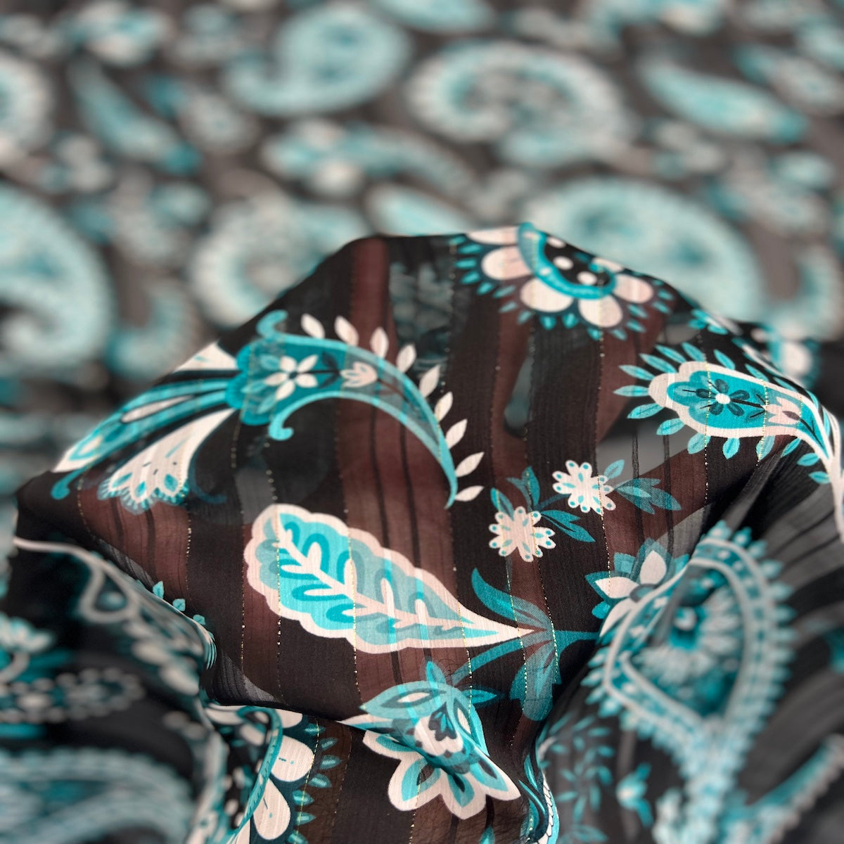 Paisley Print Metallic Stripe Chiffon Fabric - Aqua Paisley Print With Metallic Stripes, 57" Width (1 Yard)