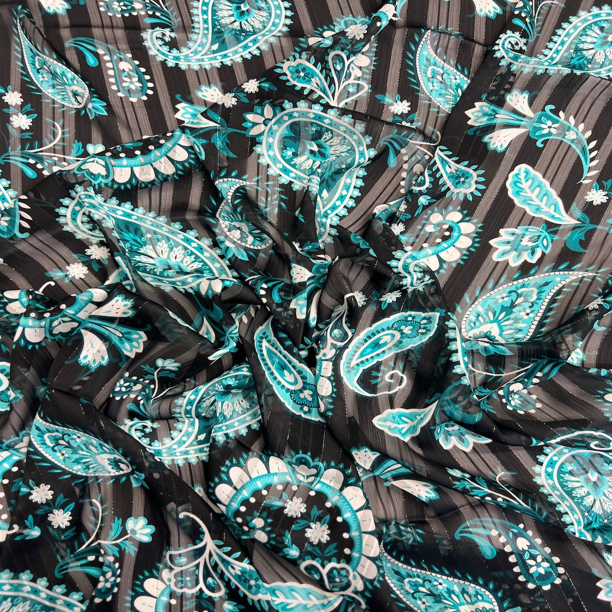 Paisley Print Metallic Stripe Chiffon Fabric - Aqua Paisley Print With Metallic Stripes, 57" Width (1 Yard)