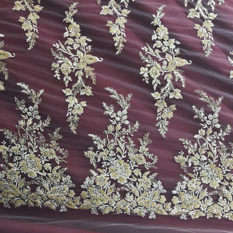 Beaded Sequined Lace Fabric - White, Gold, Silver, Ivory, Embroidered Net Mesh, 52" Width (1 Yard)