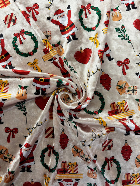 1 Yard Jolly Santa Printed Crushed Velvet 4?way Stretch Fabric Costumes Activewear Streetwear