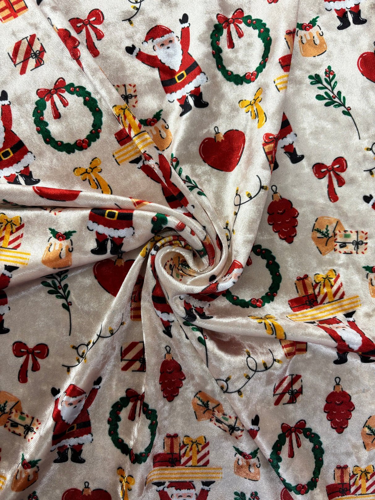 Jolly Santa Printed Crushed Velvet Fabric - Red Santa Print, 1 Yard