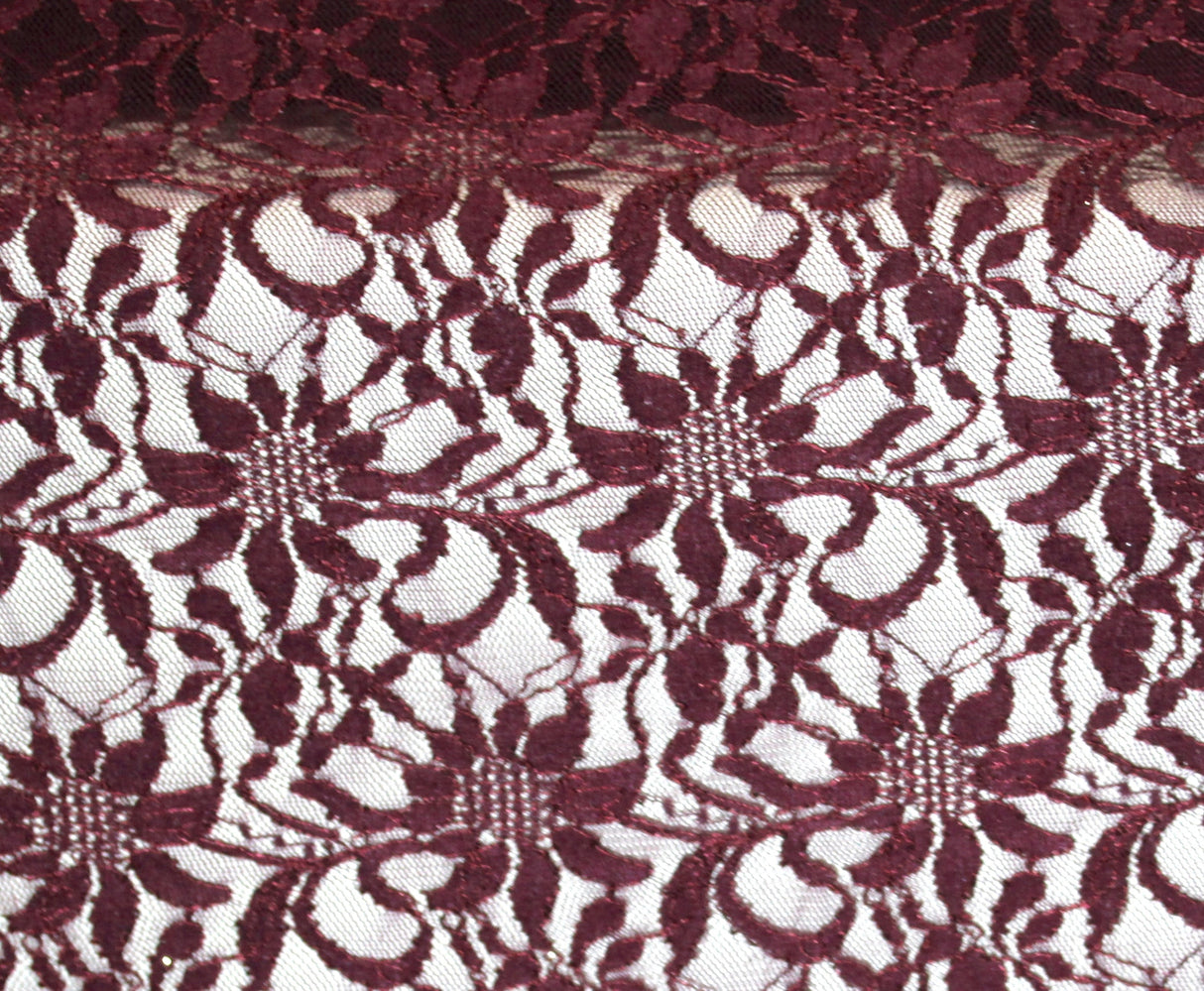 Embroidered 3D Floral Lace Polyester Rayon Fabric - Burgundy 3D Floral Embroidery, 59" Width (By The Yard)