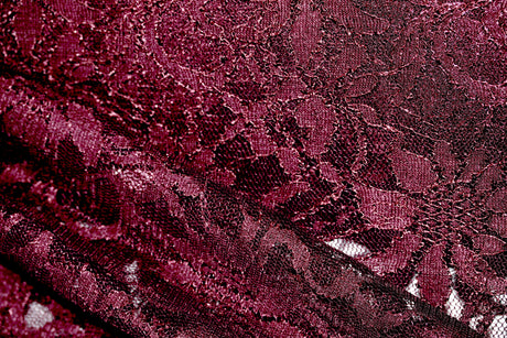 Embroidered 3D Floral Lace Polyester Rayon Fabric - Burgundy 3D Floral Embroidery, 59" Width (By The Yard)