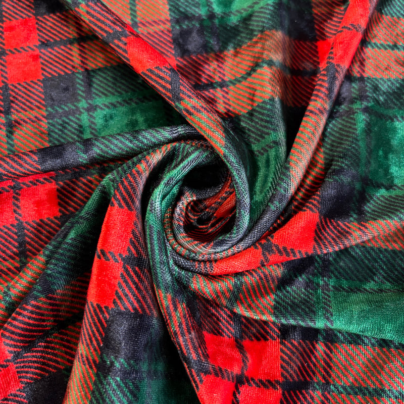 1 Yard Red Green Plaid Crushed Velvet 4?way Stretch Fabric Streetwear Dancewear Costumes 60 Inch Width
