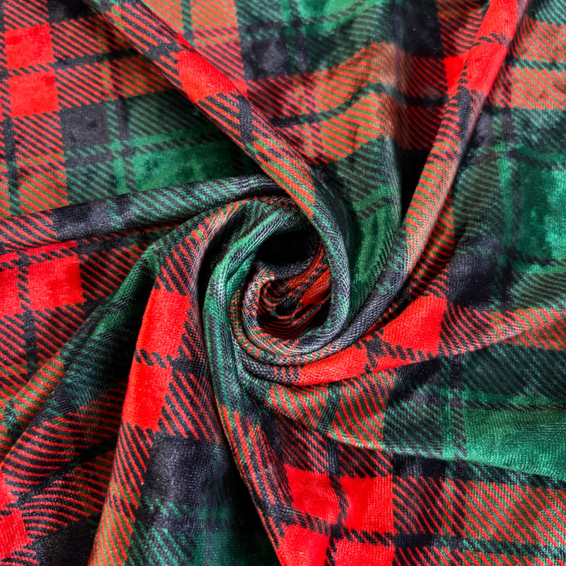 Red And Green Plaid Crushed Velvet Fabric - Red And Green Plaid, 36" Width (1 Yard)