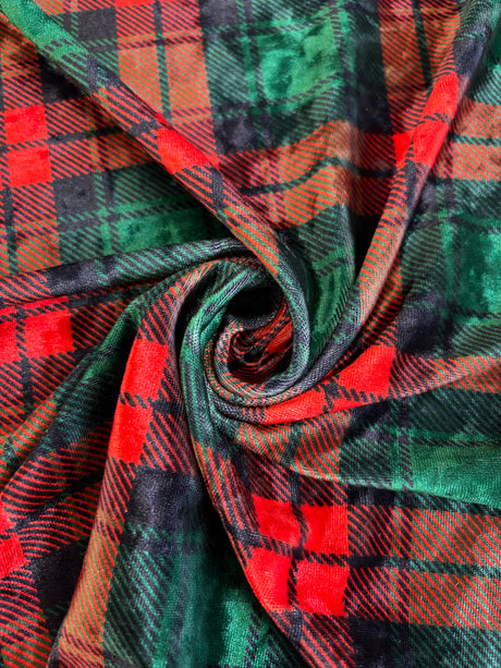 Red And Green Plaid Crushed Velvet Fabric - Red And Green Plaid, 36" Width (1 Yard)