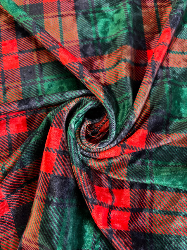 Red And Green Plaid Crushed Velvet Fabric - Red And Green Plaid, 36" Width (1 Yard)