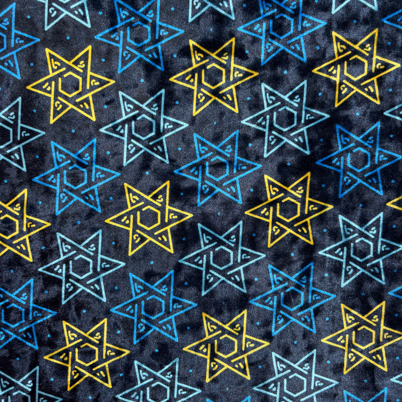 Star Of David Crushed Velvet Fabric - Blue Star Of David Print, 36" Width (1 Yard)