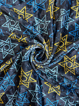 Star Of David Crushed Velvet Fabric - Blue Star Of David Print, 36" Width (1 Yard)