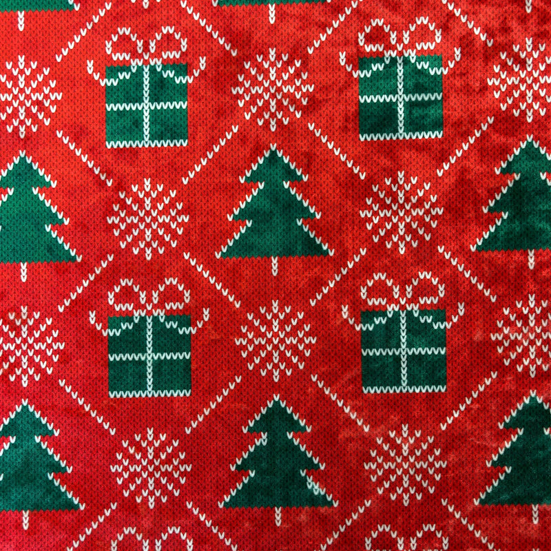 Christmas Print Crushed Velvet Fabric - Christmas Print, 4-Way Stretch, 36" X 60" (1 Yard)