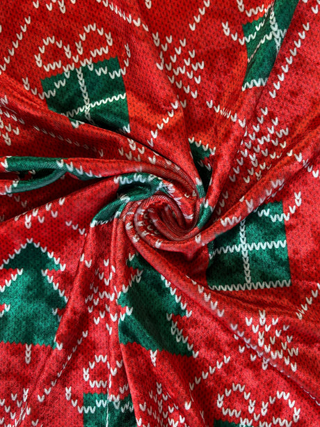 Christmas Print Crushed Velvet Fabric - Christmas Print, 4-Way Stretch, 36" X 60" (1 Yard)
