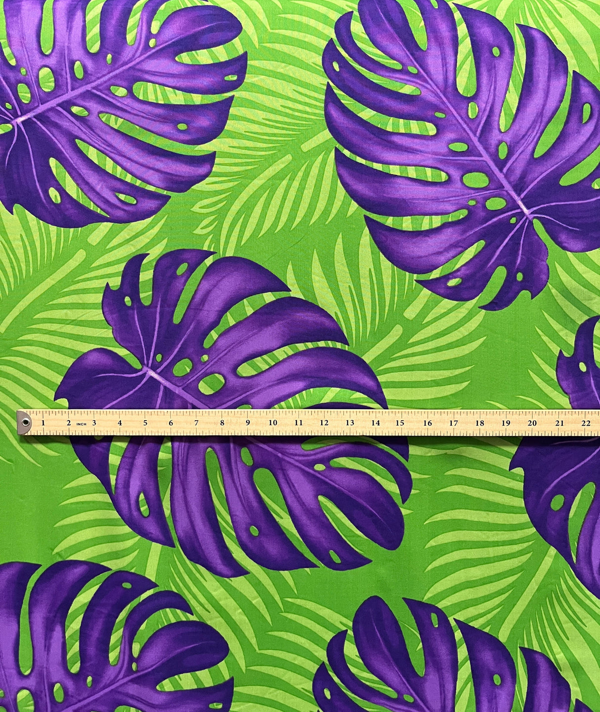 Monstera Dypsis Lutescens Leaves Peachskin Fabric - Purple And Green, 45" Width (1 Yard)