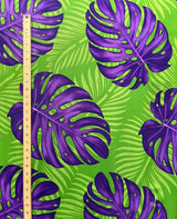 Monstera Dypsis Lutescens Leaves Peachskin Fabric - Purple And Green, 45" Width (1 Yard)