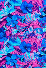 Restocked Nylon Spandex Fabric - Neon Tropical Floral Design, Rainbow Multi, Blue Green, Purple Blue, Orange Pink, 58" To 60" Width