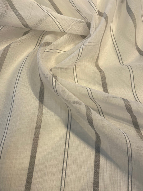 P Kaufmann Glacier White Linen Look Sheer Iznik Stripe Polyester Fabric - White, Stripe, 118" Width (1 Yard)