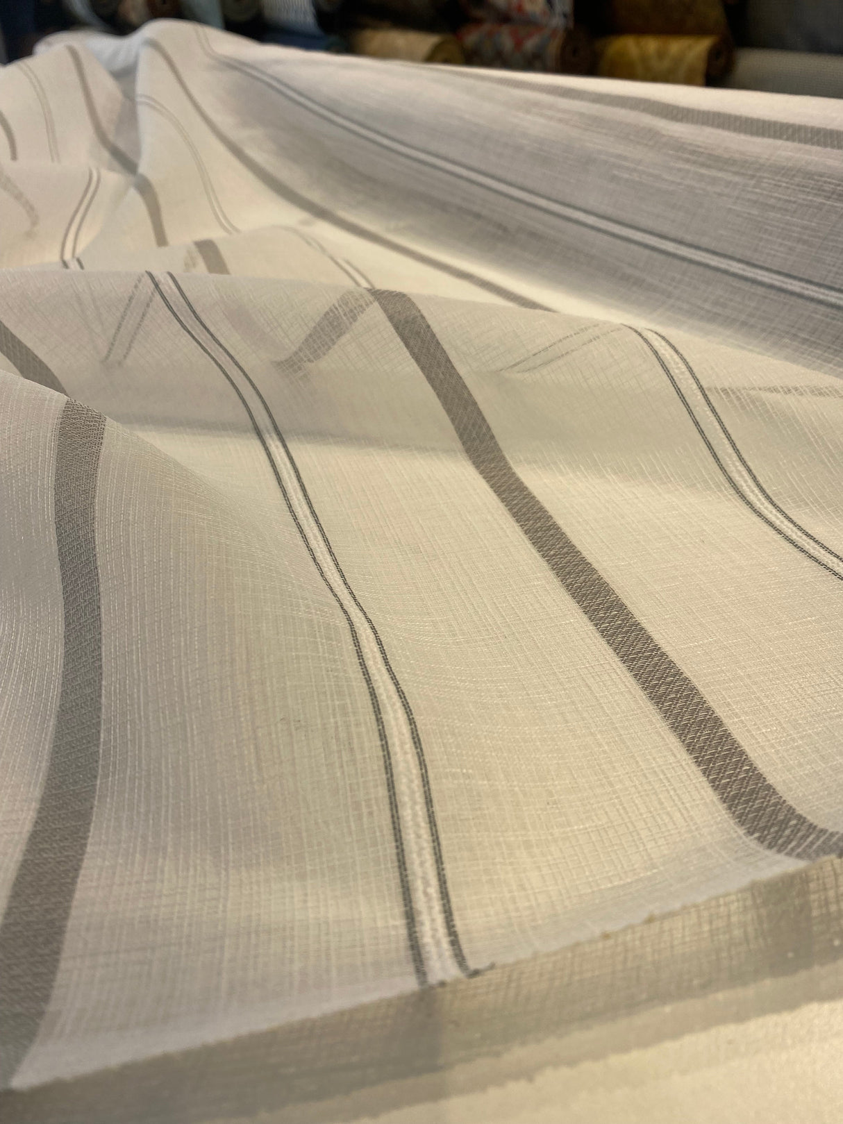 P Kaufmann Glacier White Linen Look Sheer Iznik Stripe Polyester Fabric - White, Stripe, 118" Width (1 Yard)