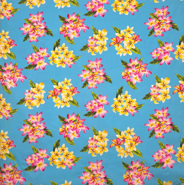 Plumeria Clusters Poly Cotton Fabric - Floral Print, Artic Blue/Navy/Pink, 45" Width (1 Yard)