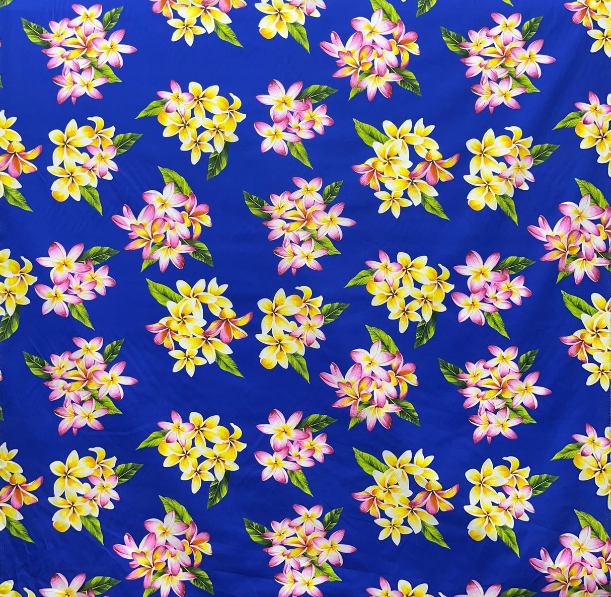 Plumeria Clusters Poly Cotton Fabric - Floral Print, Artic Blue/Navy/Pink, 45" Width (1 Yard)