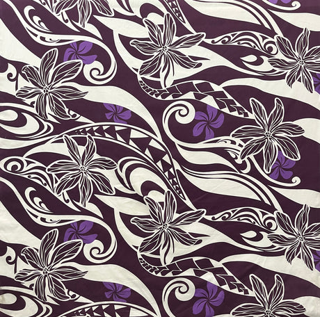 Hawaiian Gardenia Waves Traditional Tattoo Poly Cotton Fabric - Hawaiian Gardenia, Traditional Tattoo Waves, 45" Width (1 Yard)
