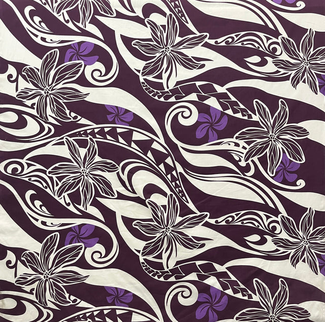 Hawaiian Gardenia Waves Traditional Tattoo Poly Cotton Fabric - Hawaiian Gardenia, Traditional Tattoo Waves, 45" Width (1 Yard)