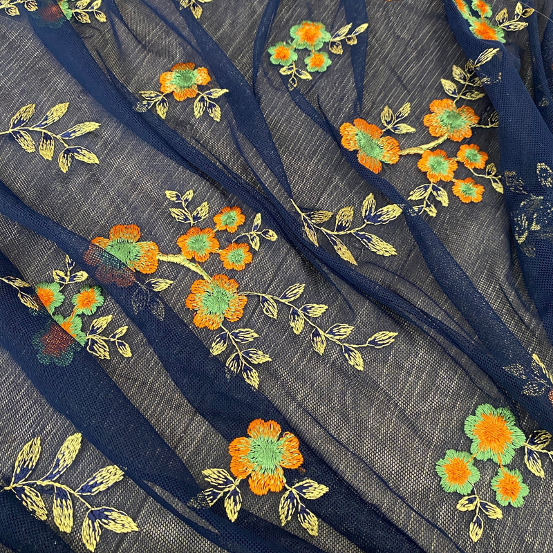 Floral Power Mesh Navy Orange