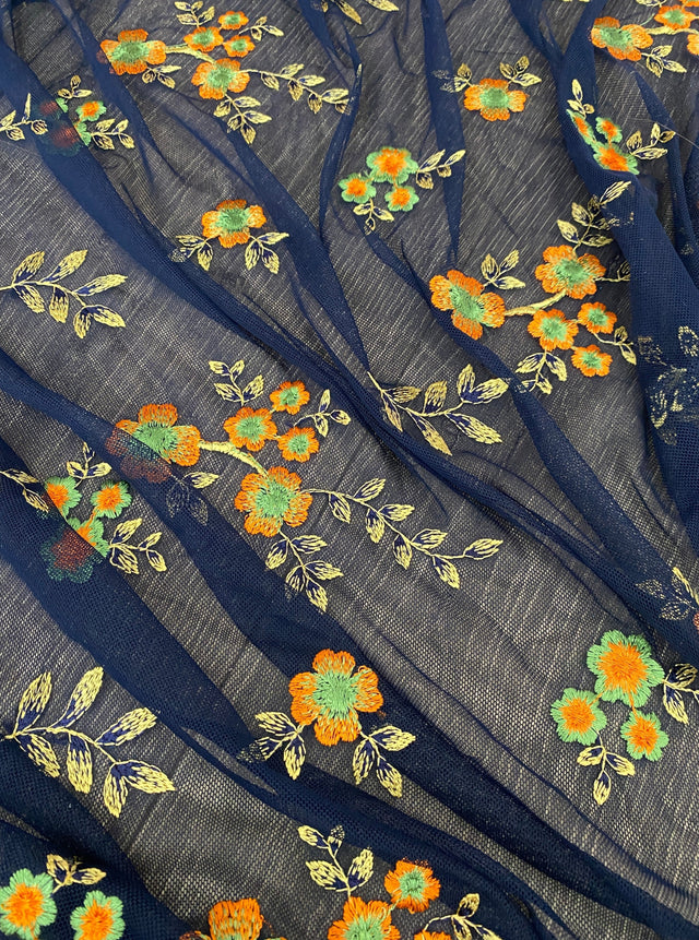 Floral Power Mesh Navy Orange